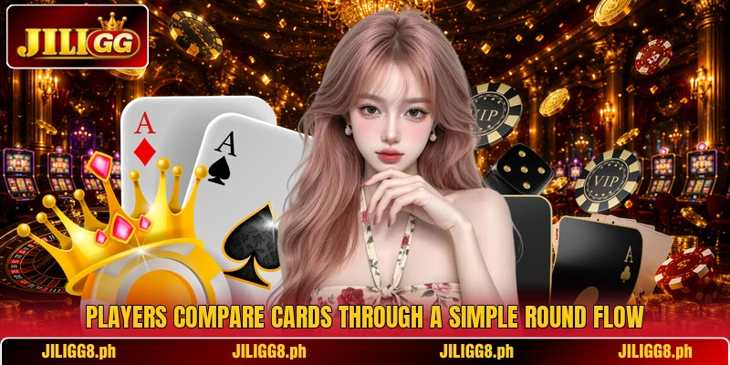 Players compare cards through a simple round flow
